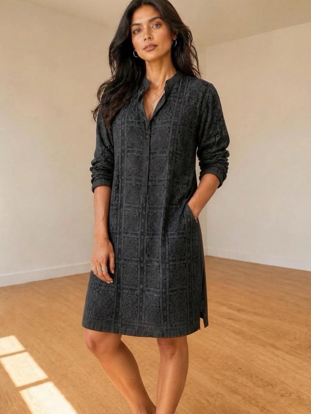 Johnny Was Eyelet Lace Charcoal Dress